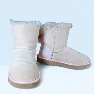 UGG Mini Bailey Bow II Pink/Beige Suede Sheepskin Boots 1018517 Womens 6 EU 37